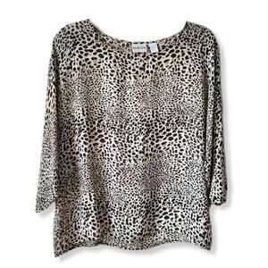Chicos Animal Print Silk Chiffon Blouse Top Beige M 1 Sheer Neutral Career